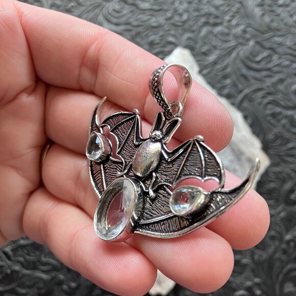 Halloween Flying Vampire Bat Colorless Topaz Gemstone Pendant - Picture 4 of 8